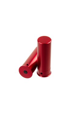 Two red 12-gauge dummy shotgun shells for safe dry firing, isolated on a white background. clipart