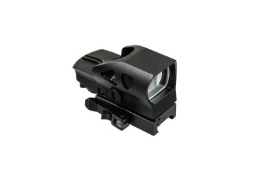 Ateşli silahlara nişan almak için tasarlanmış, beyaz bir arka planda izole edilmiş, ayarlama düğmeleri ve monte edilmiş bir tabanı olan siyah taktik refleks görüşü..