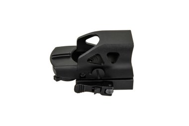 Ateşli silahlara nişan almak için tasarlanmış, beyaz bir arka planda izole edilmiş, ayarlama düğmeleri ve monte edilmiş bir tabanı olan siyah taktik refleks görüşü..