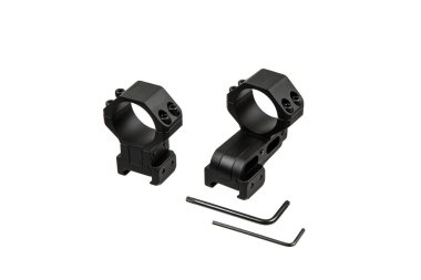 A pair of black scope rings with mounting hardware, including two hex keys, used for attaching a scope to a firearm, isolated on a white background. clipart