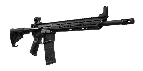 Современная винтовка в стиле AR с легкой модульной конструкцией, черная матовая отделка, регулируемый запас, Пикатинный рельс, эргономичная рукоятка, и ручная охрана M-LOK. Идеально подходит для тактической или спортивной стрельбы.