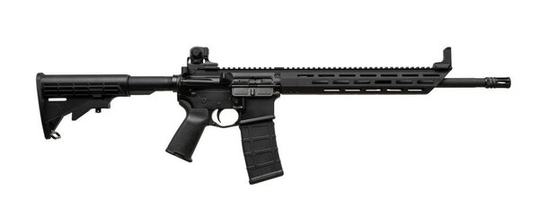 Современная винтовка в стиле AR с легкой модульной конструкцией, черная матовая отделка, регулируемый запас, Пикатинный рельс, эргономичная рукоятка, и ручная охрана M-LOK. Идеально подходит для тактической или спортивной стрельбы.