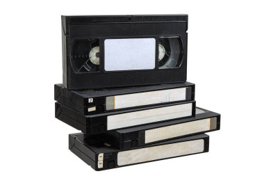 Pile of VHS video cassettes. Vintage media. Isolate on a white background.