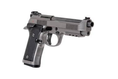 A semi-automatic handgun with a black grip and a silver slide, isolated on a white background, suitable for use in security, law enforcement, or self-defense contexts. clipart