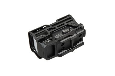 Ateşli silahlara nişan almak için tasarlanmış ayarlama düğmeleri ve düğmeleri olan sert, siyah metal çerçeveli taktiksel holografik bir görüş..