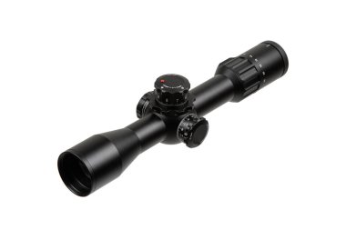 Avantaj düğmeleri, parlak bir tasarım ve beyaz bir arka planda izole edilmiş siyah bir tüfek dürbünü, avcılık ve taktiksel kullanım için ideal..