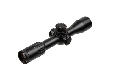 A black rifle scope with adjustment knobs, a sleek design, and clear markings, isolated on a white background, ideal for hunting or tactical use. clipart