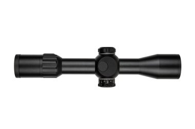 A black rifle scope with adjustment knobs, a sleek design, and clear markings, isolated on a white background, ideal for hunting or tactical use. clipart