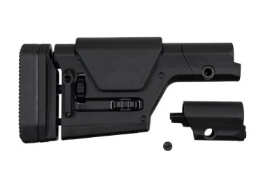 Siyah ayarlanabilir tüfek deposu, dikişli bir kalça yastığı, ayarlama düğmeleri ve ateş ederken konfor ve hassasiyet için tasarlanmış yanak istirahatı..