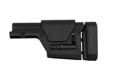 Siyah ayarlanabilir tüfek deposu, dikişli bir kalça yastığı, ayarlama düğmeleri ve ateş ederken konfor ve hassasiyet için tasarlanmış yanak istirahatı..