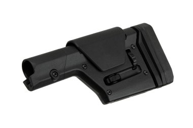 Siyah ayarlanabilir tüfek deposu, dikişli bir kalça yastığı, ayarlama düğmeleri ve ateş ederken konfor ve hassasiyet için tasarlanmış yanak istirahatı..