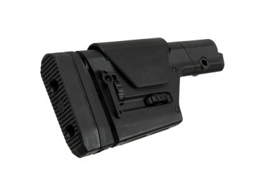 Black adjustable rifle stock with a textured buttpad, adjustment knobs, and a cheek rest, designed for comfort and precision in shooting. clipart