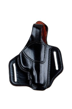 Tabanca için deri kılıf. Kullanışlı ve gizli silah taşıma suçundan. Her yönden bak. Beyaz arkaplanda izole et.