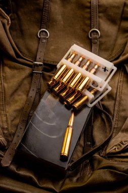 Rifle bullets in a plastic holder, placed on a leather bag, showcasing military equipment and ammunition, close-up, high-quality image, suitable for stock photography. clipart