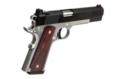 Modern semi-automatic handgun with wooden grips on a white background. clipart