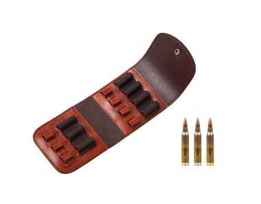 A leather ammunition holder with three rifle bullets, isolated on a white background, showcasing tactical gear, hunting equipment, and military accessories. clipart