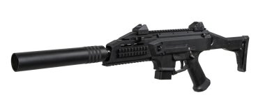 Susturucusu, taktik rayları ve ayarlanabilir stoğu olan, beyaz bir arka planda izole edilmiş, askeri, kolluk kuvvetleri veya taktiksel teçhizat fotoğrafları için ideal bir modern siyah PCC (Pistol Caliber Carbine)..