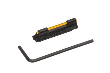 Black front sight with a yellow fiber optic insert and an accompanying hex key, commonly used for firearm sight adjustments, highlighting precision and accuracy. clipart