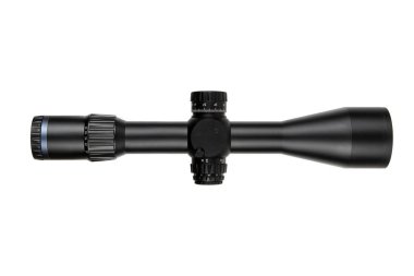 A high-quality black rifle scope with multiple adjustment knobs, precision optics, and a sleek design, ideal for hunting or tactical use. clipart