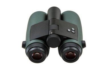 High-quality binoculars with green rubberized coating, black central focus wheel, and ergonomic design, isolated on a white background. clipart