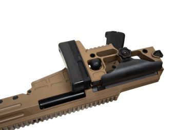 Close-up of a modern, tan-colored tactical rifle with a black adjustable stock and grip, highlighting its precision engineering and robust design. clipart