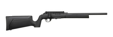 A sleek, black, small-caliber sporting rifle with a modern design, featuring a synthetic stock, a bolt-action mechanism, and a Picatinny rail for mounting optics. clipart