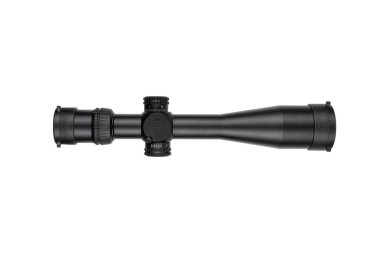 A black rifle scope with lens covers, adjustment knobs, and a honeycomb filter, highlighting its tactical and precision features. clipart