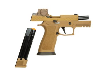 A tan-colored semi-automatic pistol with a red dot sight, exposed barrel, and textured grip, shown in a three-quarter view. clipart