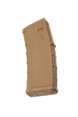 A tan-colored polymer magazine for a 5.56x45mm rifle, featuring a textured surface for grip and a visible follower at the top, commonly used in modern firearms for military and tactical applications. clipart