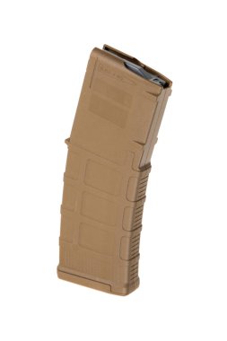 A tan-colored polymer magazine for a 5.56x45mm rifle, featuring a textured surface for grip and a visible follower at the top, commonly used in modern firearms for military and tactical applications. clipart