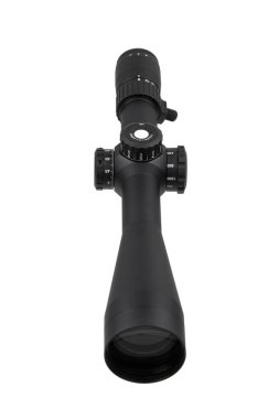 A high-quality rifle scope with adjustment knobs, a sleek black finish, and a clear lens, ideal for precision shooting and hunting. Isolate on white background. clipart