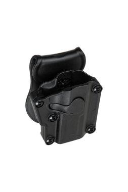 Gösterişli bir tasarımı olan siyah bir taktik kılıf, dört görünür vida ve beyaz arka planda izole edilmiş bir tutuş kolu var..