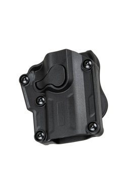 Gösterişli bir tasarımı olan siyah bir taktik kılıf, dört görünür vida ve beyaz arka planda izole edilmiş bir tutuş kolu var..