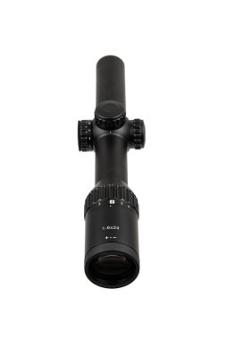 A black rifle scope with adjustment knobs and magnification settings, ideal for precision shooting and hunting. Isolate on white background. clipart