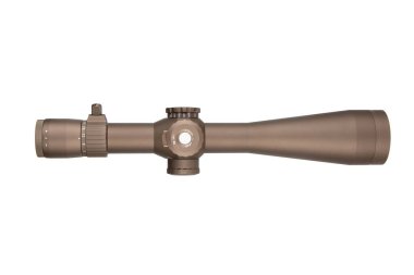 A high-end rifle scope with a matte brown finish, adjustable turrets, and a magnification dial, suitable for hunting and precision shooting, isolated on a white background. clipart