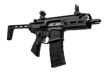 Otomatik AR-style karabinanın siyah hava yumuşaklığında bir kopyası, kompakt bir tasarım, ayarlanabilir stok, ergonomik tutuş, şarjör, ve ters çevirmeli görüş, beyaz bir sırt üzerinde izole.