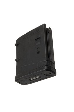 This image shows a black 10-round magazine for a rifle, specifically designed for 7.62 x 51 mm ammunition, with a rugged and durable construction, suitable for use in various firearms. clipart