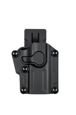 Kemer tokalı siyah polimer tabanca kılıfı, güvenlik eklentisi için dört vida, ve beyaz bir arka planda izole edilmiş ateşli silah muhafazası için konturlu bir tasarım..