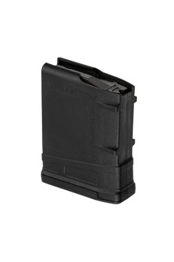 Bu resim, 7.62 x 51 mm 'lik mühimmat için özel olarak tasarlanmış, çeşitli ateşli silahlarda kullanıma elverişli sert ve dayanıklı, 10 mermili siyah bir şarjör gösteriyor..