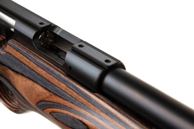 Sürgülü mekanizmayı ve ahşap stoğu detaylı tahılla vurguluyor. Beyaz bir arka planda izole edilmiş, hassas bir işçilik ve ince bir tasarım sergiliyor..