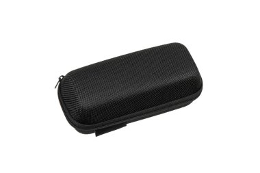 Fermuar kapaklı, karabina klipsli, desenli yüzeyi olan, beyaz arka planda izole edilmiş, küçük alet ve aksesuarları saklamak için idealdir..