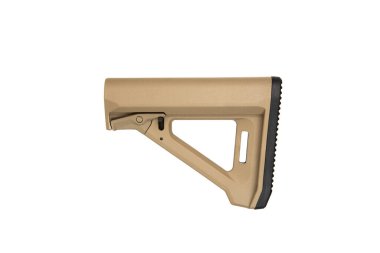 Tan-colored adjustable rifle stock, isolated on a white background, designed with a sleek aesthetic, featuring a black rubber butt pad for enhanced comfort and stability.