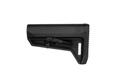 Ateşli silahlar için tasarlanmış, askeri, avcılık veya atış aksesuarları için uygun, uzun ayar kolu olan ayarlanabilir siyah tüfek deposu..