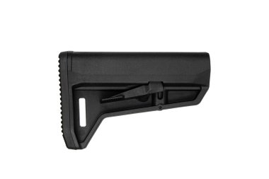 Ateşli silahlar için tasarlanmış, askeri, avcılık veya atış aksesuarları için uygun, uzun ayar kolu olan ayarlanabilir siyah tüfek deposu..