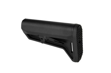 Ateşli silahlar için tasarlanmış, askeri, avcılık veya atış aksesuarları için uygun, uzun ayar kolu olan ayarlanabilir siyah tüfek deposu..