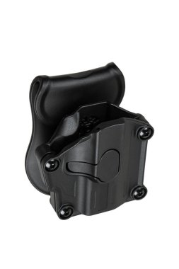 Ateşli silahların korunması için tasarlanmış siyah bir taktik kürek kılıfı, ayarlanabilir vidalar, ergonomik tasarım, dayanıklı yapı, askeri, polis ve güvenlik kullanımına uygun..