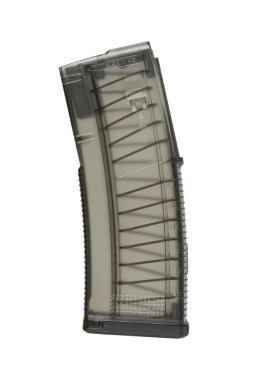 5.56x45mm 'lik şeffaf bir polimer silah şarjörü, kıvrımlı bir tasarım, görünür iç bileşenler ve dayanıklı yapı, taktik ve askeri uygulamalar için ideal..