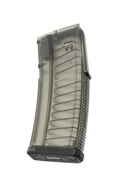 5.56x45mm 'lik şeffaf bir polimer silah şarjörü, kıvrımlı bir tasarım, görünür iç bileşenler ve dayanıklı yapı, taktik ve askeri uygulamalar için ideal..