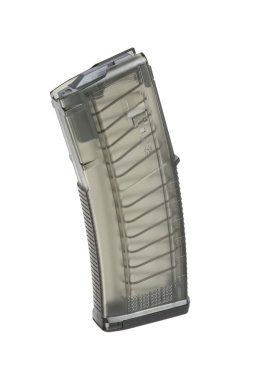 5.56x45mm 'lik şeffaf bir polimer silah şarjörü, kıvrımlı bir tasarım, görünür iç bileşenler ve dayanıklı yapı, taktik ve askeri uygulamalar için ideal..