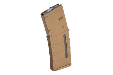 5.56x45 mm 'lik, şeffaf bir pencere, dokulu yüzey ve dayanıklı tasarım içeren, taktik, askeri ve atış uygulamaları için tasarlanmış, bronz polimer bir tüfek şarjörü..